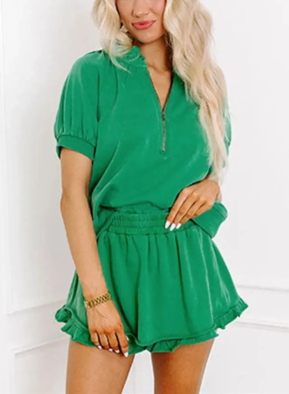 Set van casual top met halve rits en ruches voor dames