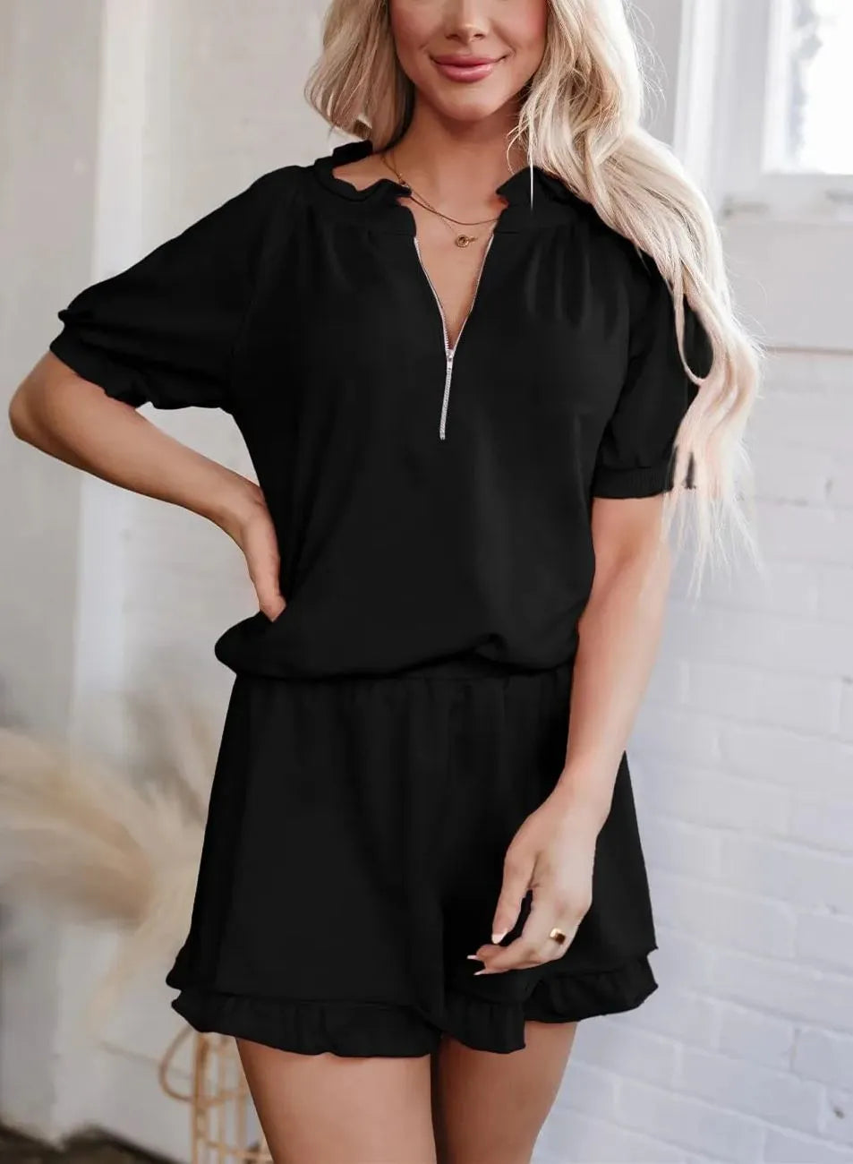 Set van casual top met halve rits en ruches voor dames