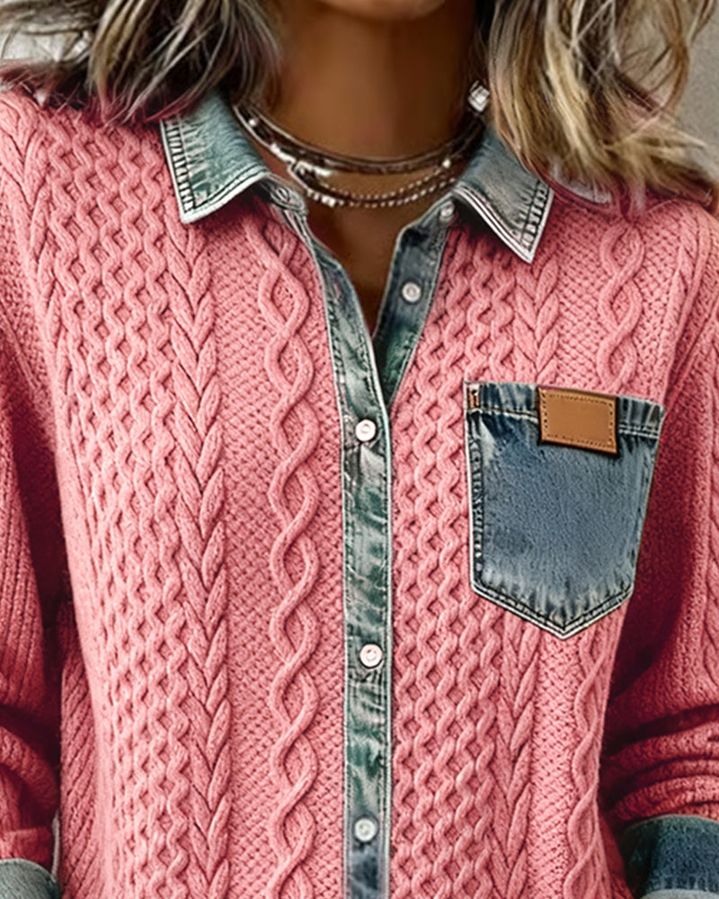 Langmouwige Blouse Met Denim-Patchwork