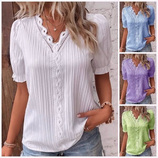 🔥Elegant V-hals shirt met effen kant